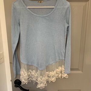 Sky Blue Lace Trim Long Sleeve Top